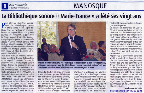 Article du journal Haute-Provence Info du 18 octobre 2013