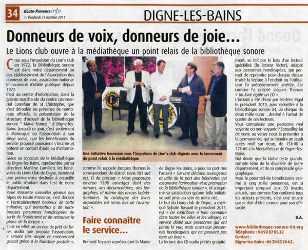 Article du journal Haute-Provence Info du 21 octobre 2011