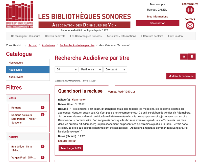 Page Livres du portail des Bibliothèques Sonores